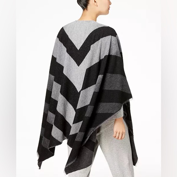 Eileen Fisher Black and Light Gray Wool Office Winter Poncho Wrap Kimono Shawl - Picture 2 of 15